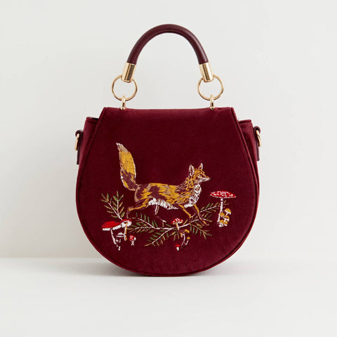 Fox & Mushroom Embroidered Velvet Saddle Purse