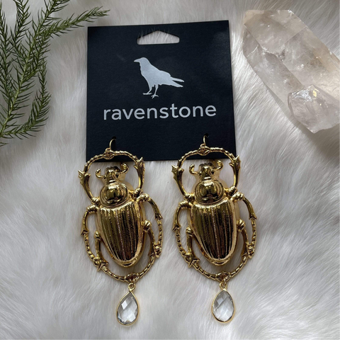 The Big Golden Scarab and Clear Quartz Earrings