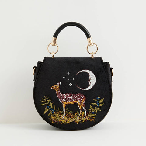 Deer & Moon Embroidered Black Velvet Saddle Purse