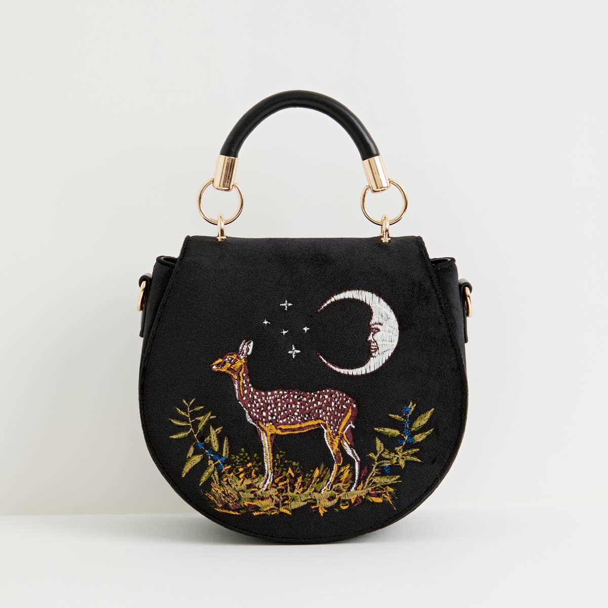 Deer &amp; Moon Embroidered Black Velvet Saddle Purse