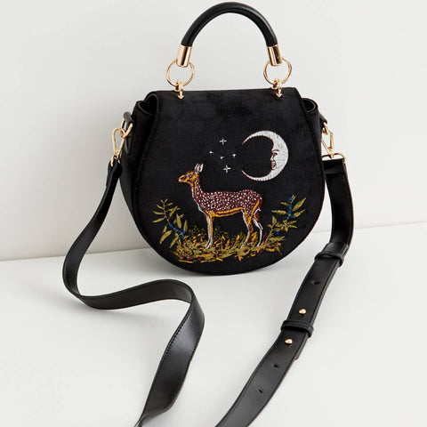 Deer & Moon Embroidered Black Velvet Saddle Purse