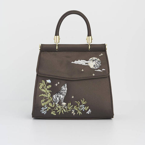 Wolf & Moon Embroidered Satin Tote