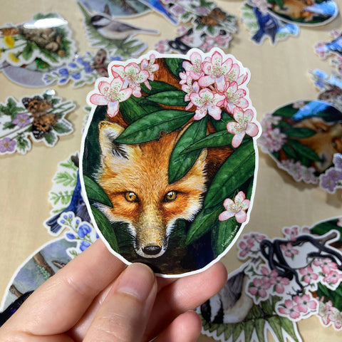 Red Fox with Rhododendron Sticker