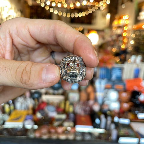 Garnet-Eyed Lion Ring "Ari" - Size 10.5