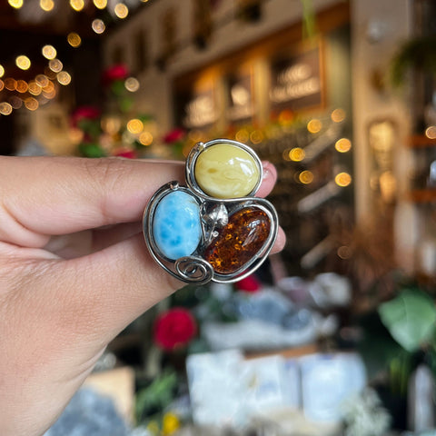 Amber and Larimar Ring "Vera" - Adj. Size 6