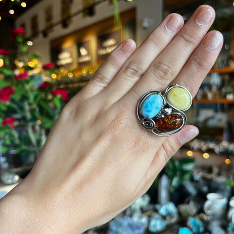 Amber and Larimar Ring "Vera" - Adj. Size 6