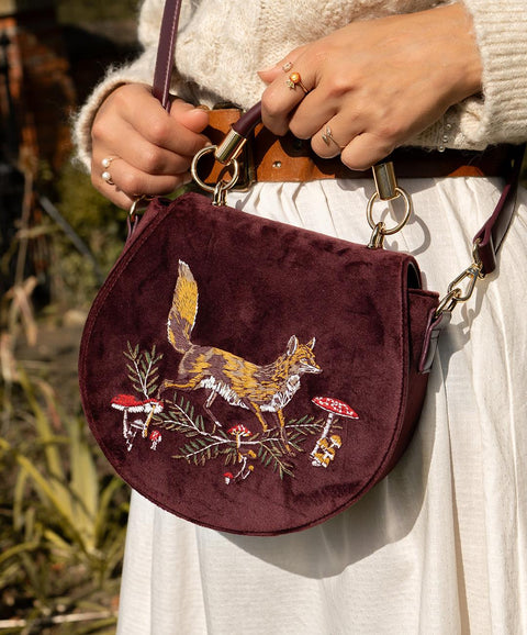 Fox & Mushroom Embroidered Velvet Saddle Purse