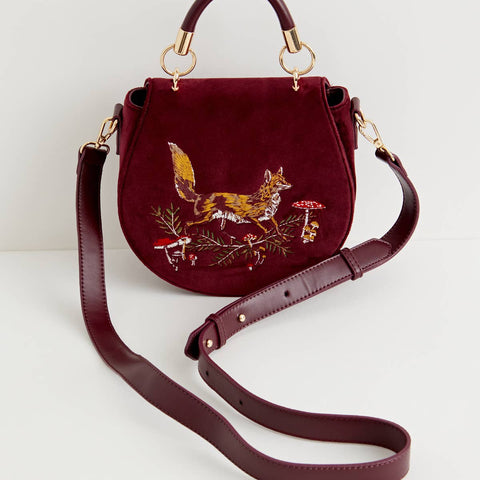 Fox & Mushroom Embroidered Velvet Saddle Purse