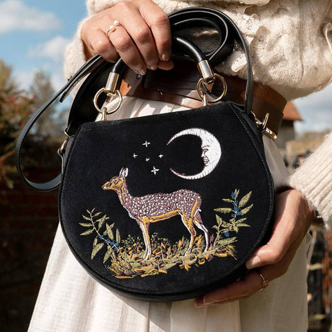 Deer & Moon Embroidered Black Velvet Saddle Purse