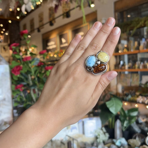 Amber and Larimar Ring "Vera" - Adj. Size 6