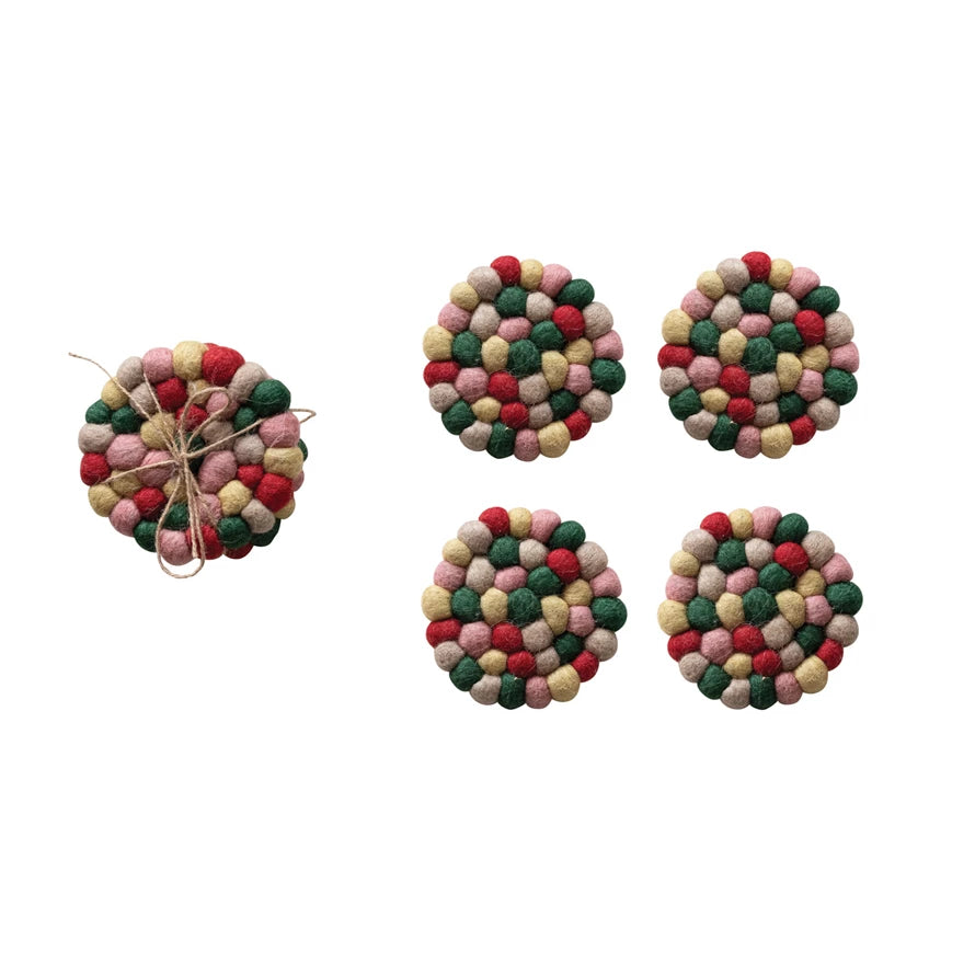 Handmade Wool Felt Ball Coasters - Multi