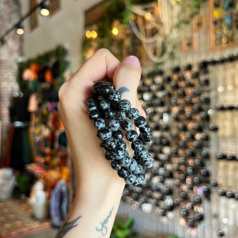 Ravenstone Crystals Snowflake Obsidian Stretch Bracelet