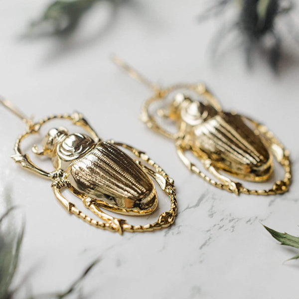 Scarab Gold Beetle Earrings Insect Studs Solid Brass Gold 