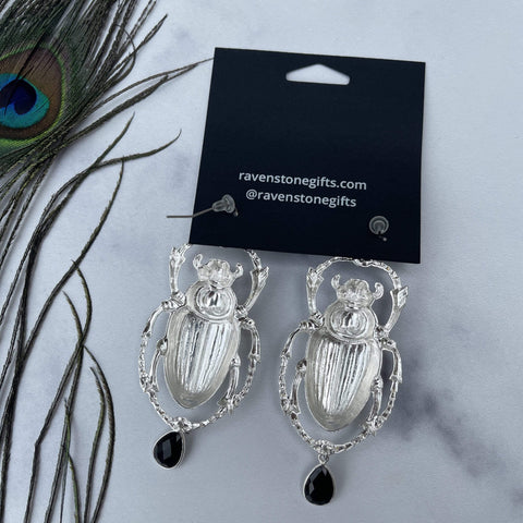 ravenstone the big silver scarab and black onyx earrings