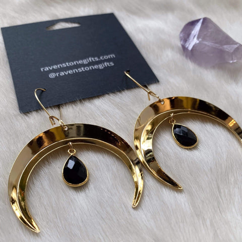 Ravenstone The Golden Moon and Black Onyx Drop Earrings