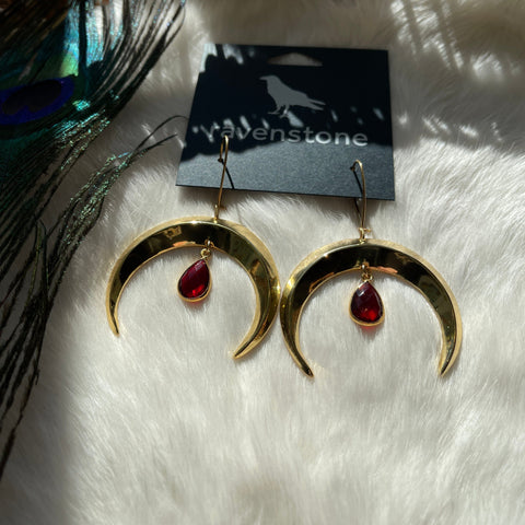 Ravenstone The Golden Moon and Garnet Drop Earrings