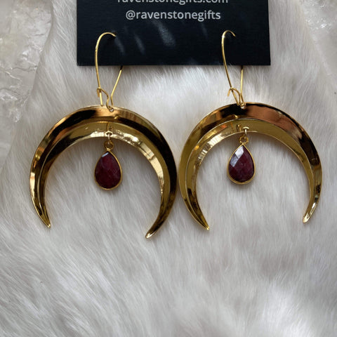 Ravenstone The Golden Moon and Ruby Drop Earrings