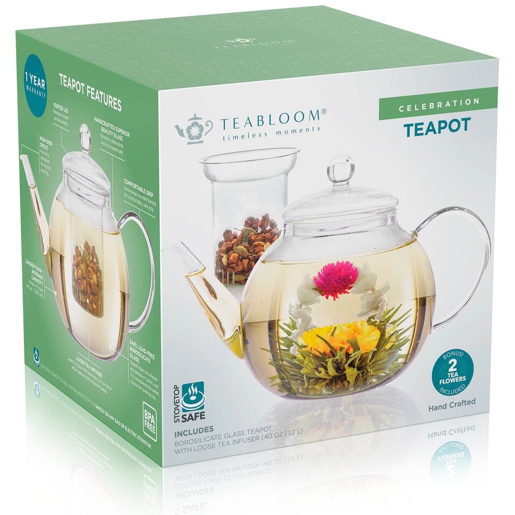 Teabloom Buckingham Palace Teapot & Flowering Tea Gift Set (6 Pieces) -  Stovetop Safe Glass Teapot (40 OZ / 1.2 L / 4-5 CUPS), Porcelain Lid, Tea